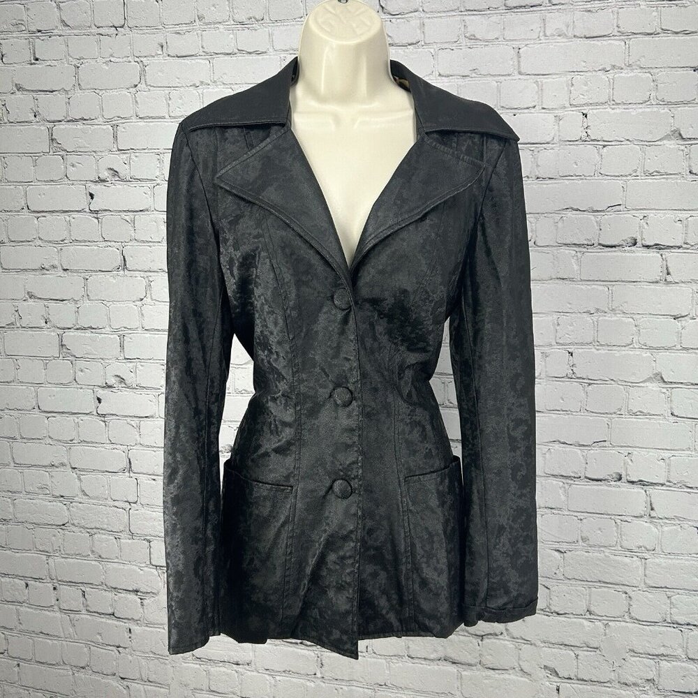 VTG Serious Black Faux Leather 100% Man Made Lined Coat USA Women’s Size Medium